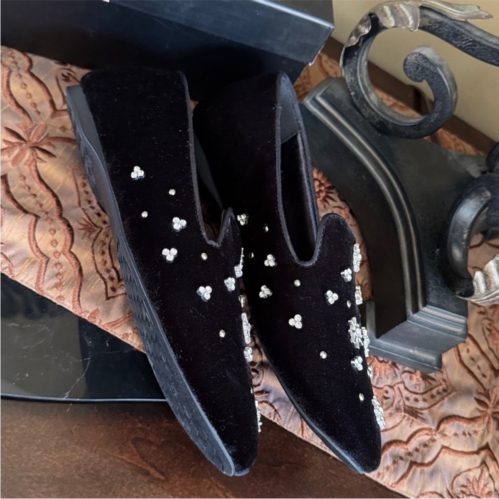 Birdies Women's Black Velvet Loafers with Crystal Embellishments ~ Sz 7.5 - Picture 9 of 16